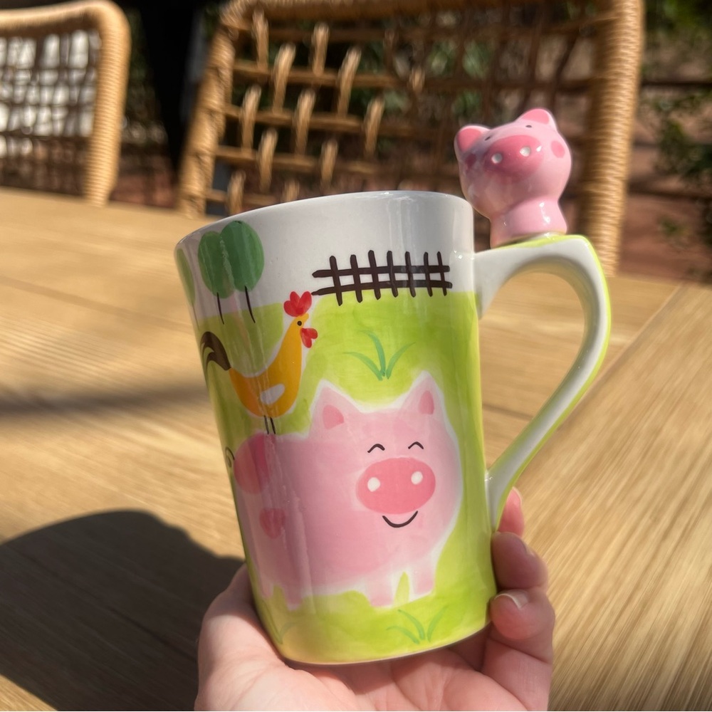 Vintage Indra Hand Painted 3-D Pig Head Stoneware Mug Farm PIG & Rooster